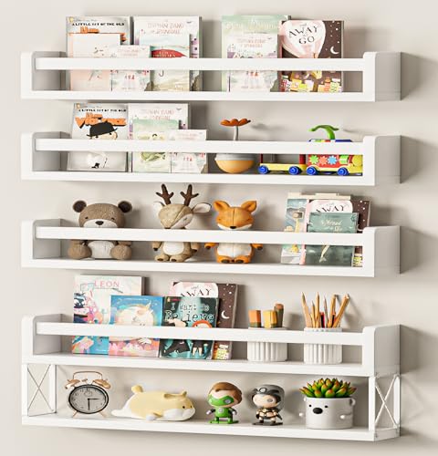 Image of QimCoor 24inch Floating Bookshelves for Wall, White Nursery Book Shelves Set of 4+1, Kids Bookshelf, Wall Shelves for Living Room Bedroom Decor, Toy Storage Shelves, Bathroom Storage Shelves