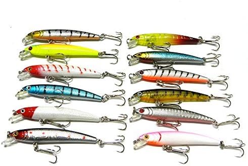 LENPABY 12 pcs Plastic Minnow Fishing Lures Bass Crankbait Kit Saltwater/freshwater 7.5cm/2.95"/5.6g