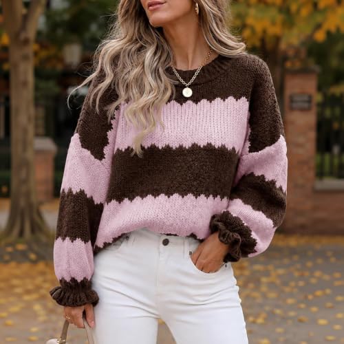 Gumipy Striped Sweater Women Casual Color Block Ruffle Sleeve Fall Sweaters - image 2
