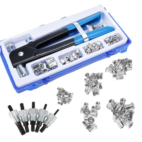 FreeTec 126pzs Remachadora de Tuercas, M3 M4 M5 M6 M7 M8 Remaches Roscados y Remachadora, Remachadora Rosca Tuerca Insercion de Aluminio, Tuercas Remachables para Metales Tuberías y Automóviles