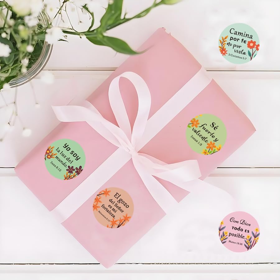 500 Pcs Spanish Bible Verse Stickers Roll, Floral Christian Inspirational Scripture Labels, 8 Designs 1.5 Inch Round Religious Stickers for Gift Wrapping, Packaging, Envelopes
