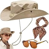 VorPrillynt Disfraz de Safari Plegable para Mujer, Juego de 3 Accesorios para Disfraz de Safari, Safari Sombrero, Gafas de Sol, Bufanda con Estampado de Leopardo, Mardi Gras, Fiesta Temática