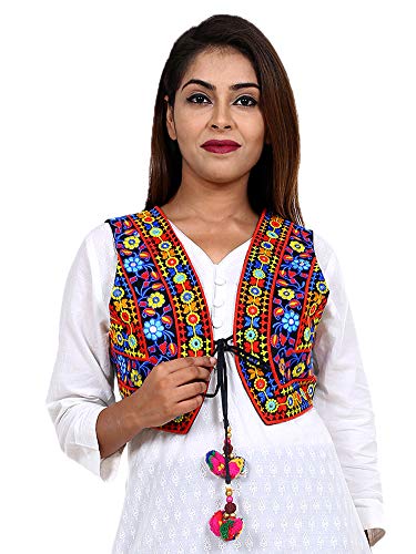 Image of Craft Trade Women's Cotton Embroidered Kutchi Jacket with Tassels Sleeveless Mirror Work