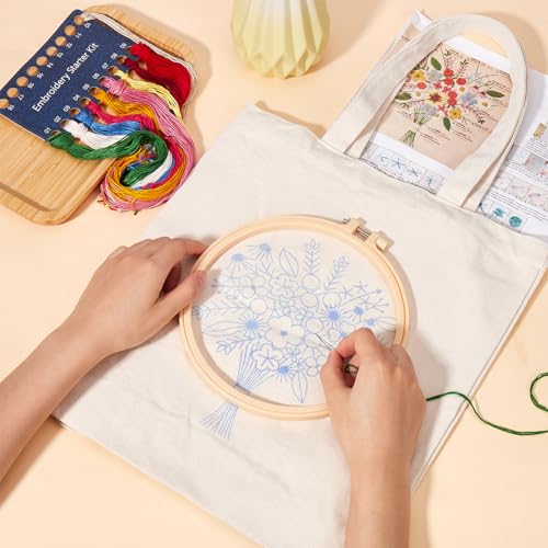 CRASPIRE Canvas Tote Bag Embroidery Kit Flower Floral DIY Cross Stitch Kit White Cotton Fabric with Embroidery Needles Color Threads Plastic Embroidery Hoop for Beginners Adults Arts Crafts Supplies