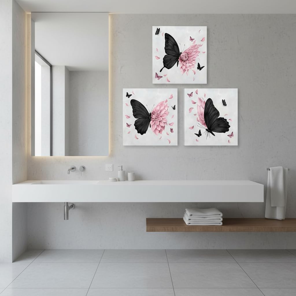 Fochorlo Black and Pink Wall Art Butterfly Wall Decor Dahlia Painting Bedroom Bathroom Decorations 12"x16"x3