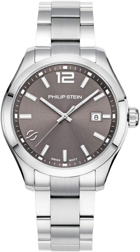 Philip SteinAnalog Display Wrist Swiss Quartz Traveler Men Smart Watch Stainless Steel Silver Clasp Chain with Gray Dial Natural Frequency Technology Provides More Energy - Model 92-CPLT-SS