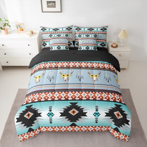 Image of Western Decor Gothic Queen Comforter Set with Sheets | Sunflower Bull Skull Boho 7 Piece Bedding Set Dreamcatcher Southwest Ethnic Tribal Arrow Aztec Bed in a Bag, Highland Cow Bohemian Room Decor