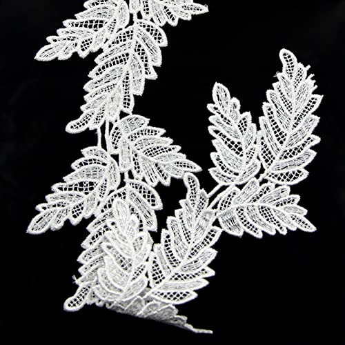 White Leaves Venise Neckline Lace Applique Flower Embroidery Wedding Fabric Trim,6 Yards #TOP5