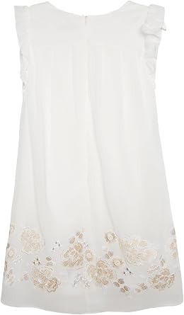 Mayoral Chic Girls Metallic Embroidered Floral Border Shift Dress - Special Occasion Social Party Wedding Flower Girl, Ecru, 12