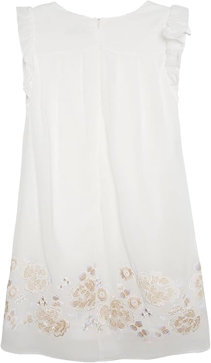 Mayoral Chic Girls Metallic Embroidered Floral Border Shift Dress - Special Occasion Social Party Wedding Flower Girl, Ecru, 12