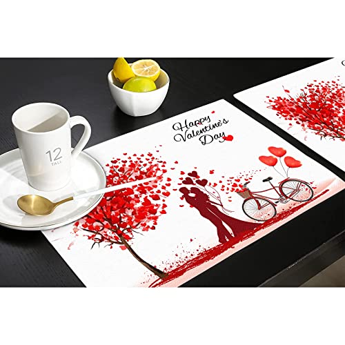 Valentine's Day Placemats Set Of 4, Romantic Vintage Red Heart Couple Love Tree Non-Slip Heat Resistant Place Mats, Washable Holiday Birthday Wedding Farmhouse Home Kitchen Dining Table Decorations #TOP5