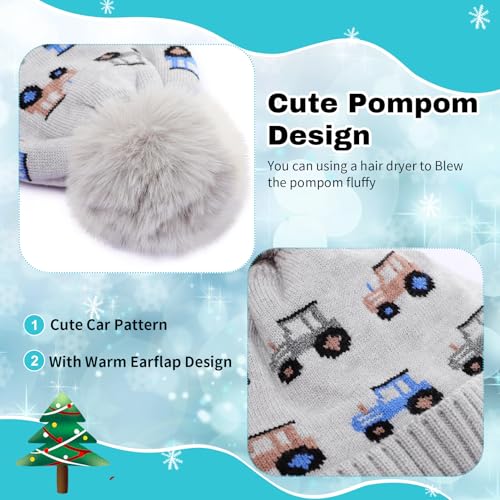 Image of ACTLATI Kids Beanie with Ear Flaps for Boys Girls Pom Knit Hats Fleece Lining Winter Outdoor Skull Snow Ski Cap Age 2-10