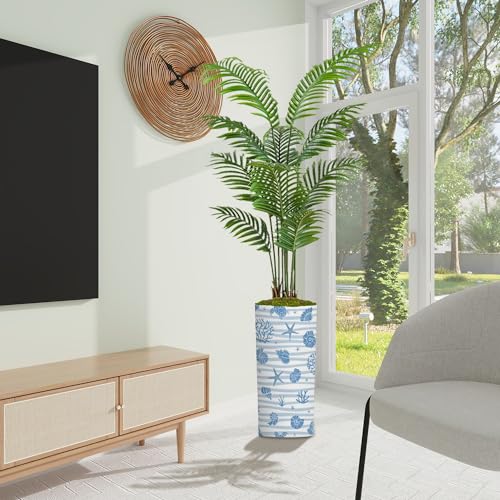 Artificial Palm Tree Indoor with Tall Planter Blue Seamless Pattern Underwater Life Objects Seashells Starfish Fake Floor Plant Potted Faux Tropical Palm Plant in Pot Home Decor Outdoor 5.5ft