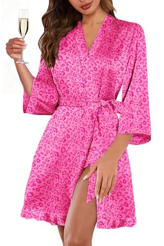 Image of Ekouaer Women's Satin Robes Silk Kimono Bath Robe Short Ruffled Hem Bride Bridesmaid Sleepwear with Pockets