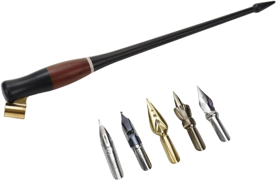Wood Calligraphy Oblique Dip Pen Holder Set, Removable Nib Pen Handle with 5 Nibs for English Calligraphy Drawing Comic, Black