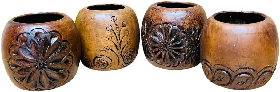 Set of 4 Carved Barrilito Tequilero - Barro Cafe Oaxaca - Clay Shot Glasses - Guelaguetza Designs