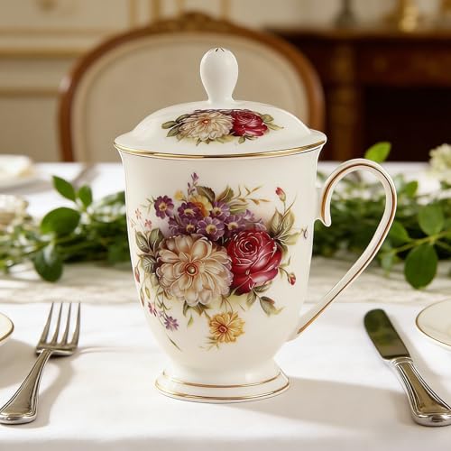 YX-SHMA Ceramic Mug,Fine Bone China Tea Cup, Tea Mugs for Women, Tea Cup with Lid, Suitable for Making Tea, Cold Drinks, Hot Drinks, Coffee, Etc, 10 oz