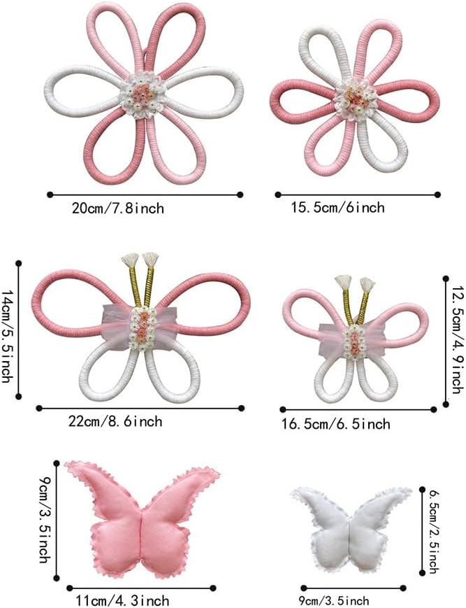 Lmbabter Cute Pink Daisy Folwer Butterfly Wall Decor 6 pcs - Braided lace Girls Room Wall Decals Bohemian Flowers for Baby Nursery Home Wall Decor