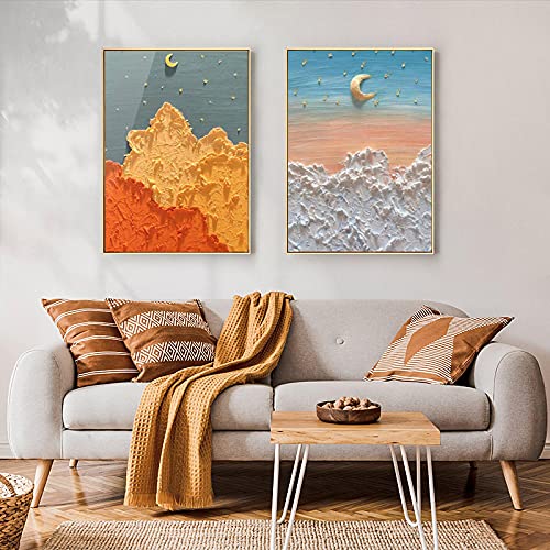 Art mural rose bleu poétique : peinture toile lune étoile pour une chambre parentale zen