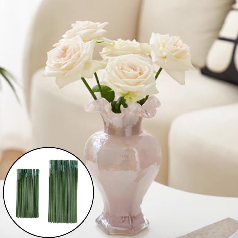 100 Pcs Green Floral Wire Stems 17CM & 25CM Plastic Flower Rods, Ideal for DIY Bouquets, Wedding Decor, Crafts and Florist Arrangements