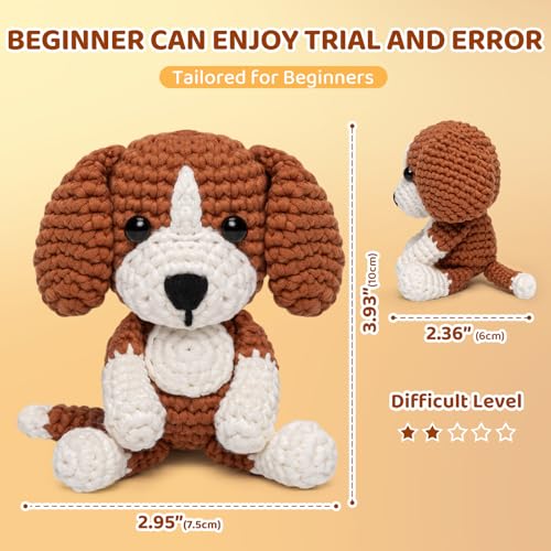 Image of Mewaii Crochet Kit for Beginners Level 2 with 40% Extra Eco-Friendly Pre-Started Easy Yarn, Step-by-Step Video Tutorials for Adults and Kids (Sitting Puppy)