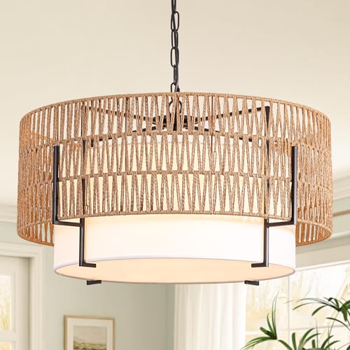SupMaka 6-Light Large Rattan Chandelier, 25.6" Boho Pendant Light with Fabric Shade, Farmhouse Ceiling Light Fixture Chandelier for Dining Room, Living Room, Bedroom, Kitchen Island, Foyer, Hallway