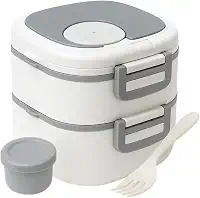 Marmita Dupla Premium Com Talher e Compartimento para Molho + Cartela de Adesivos 3D - Prática, Leve e Portátil (BRANCA) - MJ BRANDS