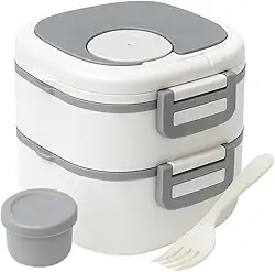 Marmita Dupla Premium Com Talher e Compartimento para Molho + Cartela de Adesivos 3D - Prática, Leve e Portátil (BRANCA) - MJ BRANDS