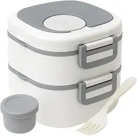 Marmita Dupla Premium Com Talher e Compartimento para Molho + Cartela de Adesivos 3D - Prática, Leve e Portátil (BRANCA) - MJ BRANDS