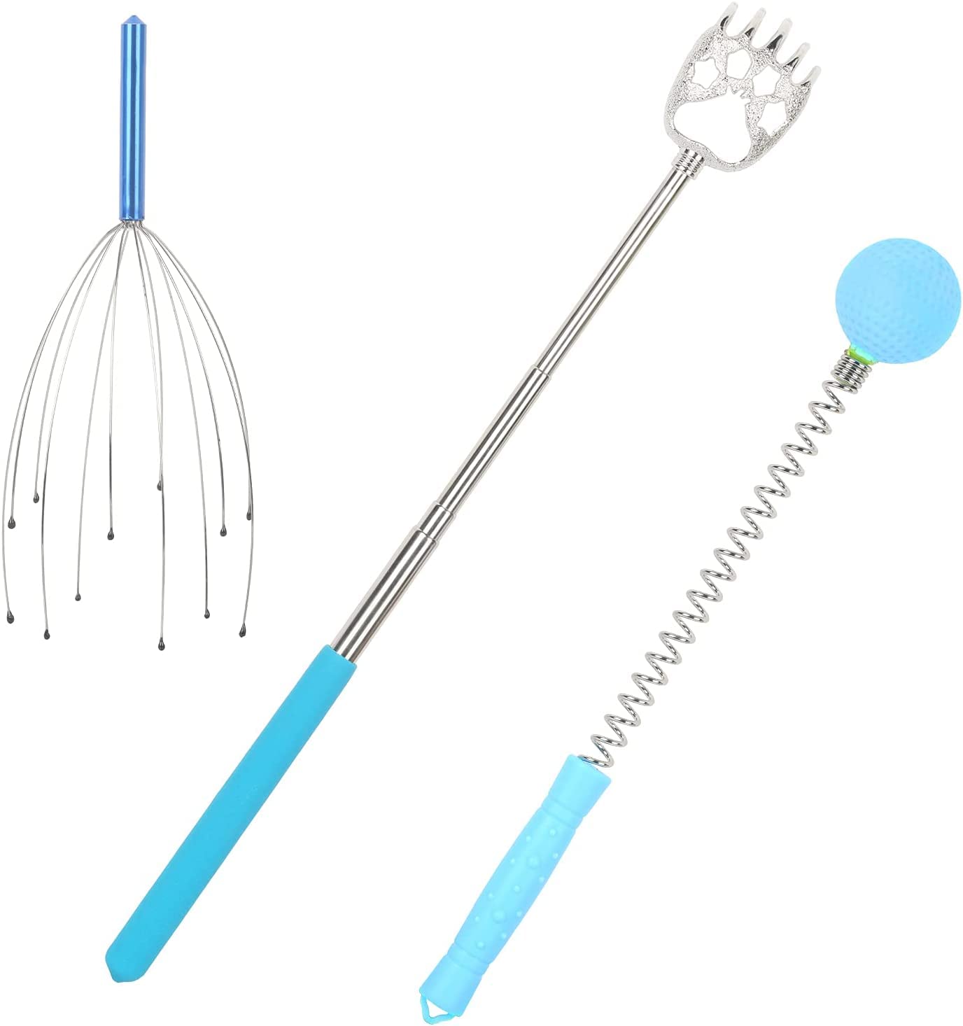 3Pcs Strumenti per il massaggio Set-palmare Massaggio alla testa, Scratcher telescopico per la schiena e Massaggiatore che può aiutare a migliorare la circolazione del sangue per liberare la fatica