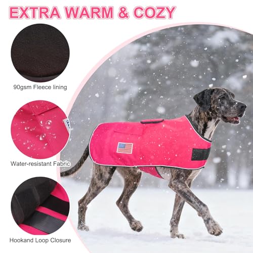 Image of BEAUTYZOO Dog Winter Coat for X-Large Dogs, Waterproof Canvas Jackets | Warm Fleece Great Dane Sweater, Reflective Cold Weather Coats, Windproof Blanket Clothes for Female Male Doggie, Rose XL