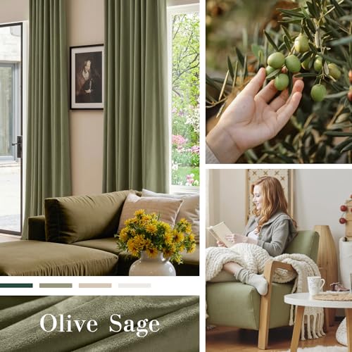 Image of Extra Long Olive Sage Velvet Curtains Grommet 52x108 Inch 2 Panels | Soft Velvet, For Tall Windows & High Ceilings, Light Shifting Texture, Elegant Drape, Serene, Fresh