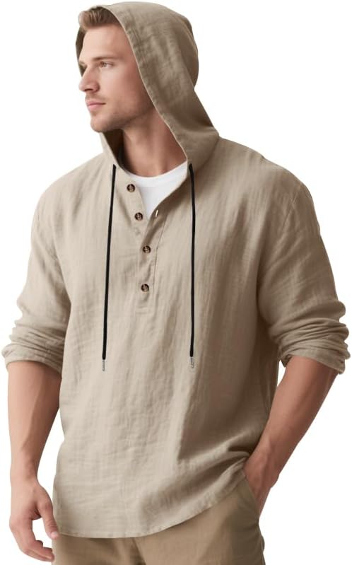 Mens Cotton Linen Hoodies Long Sleeve Button Down Shirts Casual Hawaiian Beach Yoga Sweatshirts - Image 4