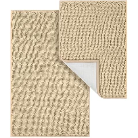 LINLA Bathroom Rugs Sets 2 Piece, Absorbent Soft Chenille Bath Mat, Non-Slip,Quick Dry, Washable, Carpet Mats for Floor, Tub and Shower, 32" x 20"/24" x 17", Beige Cover