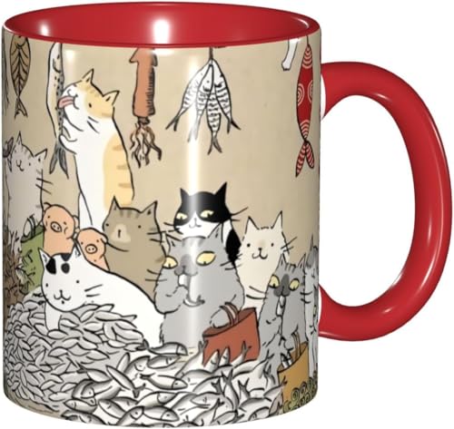 マグカップ 魚を売る猫 コーヒーカップ 陶器 330ml おしゃれ 可愛い 食器 コップ 耐熱 電子レンジ対応 お茶 ミルク 大容量 軽量 オフィス 家用 誕生日 記念日 プレゼント 箱入り