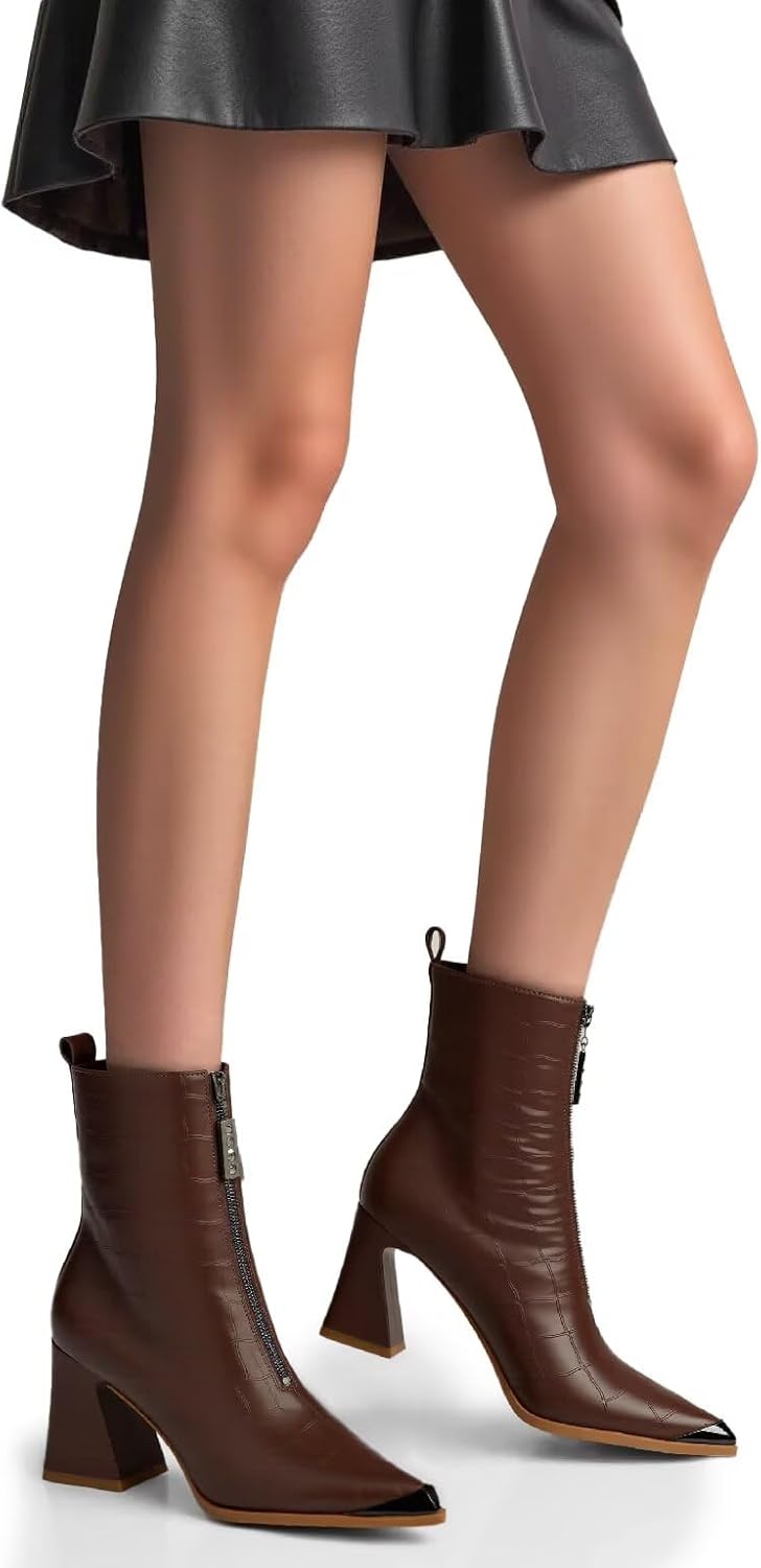 Husmeu Womens Ankle Boots Comfy Low Chunky Heel Patent Leather Metal Pointed Toe Casual Fall Boots with Front Zipper