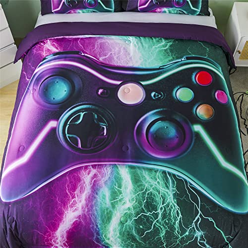 Rynghipy Tie Dye Lighting Design Gamer Comforter Set For Teen Boys Girls, Purple Green Gradient Gaming Bedding Set, Buttons Video Game Down Alternative Comforter For Game Lovers (Purple-Green,Twin) #TOP5