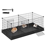SONGMICS Guinea Pig Cages, Metal Grid Small Animal Playpen with Waterproof Washable Liner, 2 Separate Spaces for Rabbits, Ferrets, Bunnies, Hedgehogs，48.4 x 24.8 x 18.1 Inches, Black ULPI07H