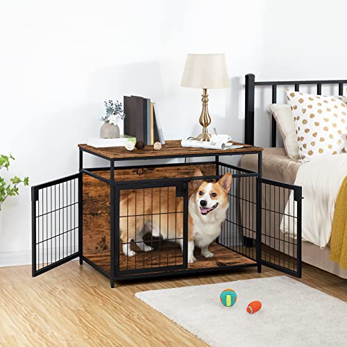 Hoobro Dog Crate Furniture, Wooden Dog Crate, Dog Kennels With 3 Doors Indoor, Decorative Mesh Pet Crate End Table For Medium/Small Dog, Chew-Resistant Dog House, Rustic Brown And Black Bf83Gw03 #TOP6