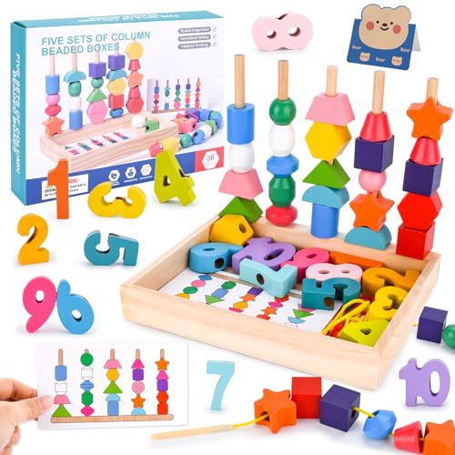 BBWELL Juguetes Montessori Madera Juegos Educativos,4 en 1 Montessori Juegos Apilables Apilar y Enhebrar de Madera,Juegos Educativos Niños 2 3 4 Años,Regalos para Niños Niñas 1 2 3 Años