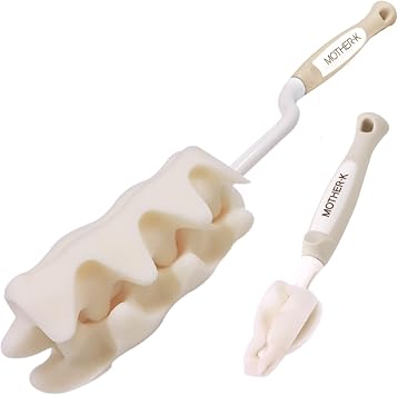MOTHER-K Rotating Bottle Brush with Nipple Brush, for Baby Bottle, Water Bottle, Vase, and Glassware Cream