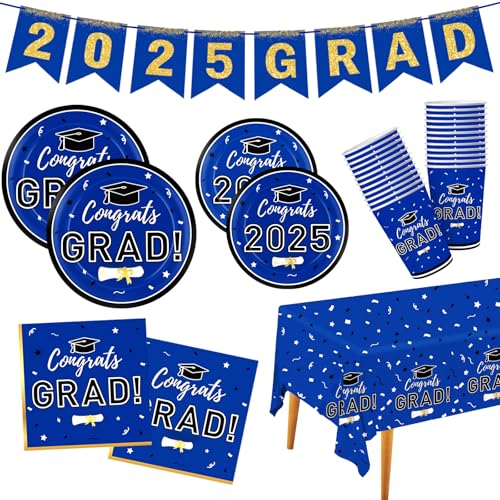 Graduation Decorations 2025 Disposable Blue Graduation Tableware Kit for 25 Guests Plates Napkins Cups Tablecloth Hanging Graduation Party Decorations 2025