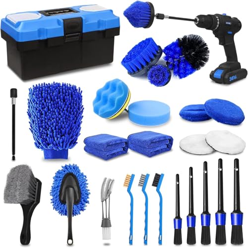 27Pcs Car Detailing Kit Car Detailing Brush Set Auto Detailing Drill Brush Set Car Wash Kit with Carry Box Car Cleaning Tools Kit for Interior Exterior Home Car Wheel Durable & Useful
