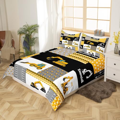 Loussiesd Excavator Bedding Children Construction Vehicles Bedding Set Double Equipment Truck Duvet Cover Set Boys Girls Car Duvet Cover Geometric Lattice Decor Teenagers - Image 2