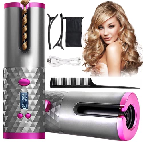 Automatic Curling Iron, Rechargeable Cordless Hair Curler with LCD Digital Display and 6 Temperature Settings, Fast Heating Portable Automatic Hair Curler for Styling Hair Anytime ( Gray )