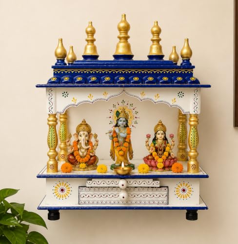 Image of Wooden Hindu Pooja Mandir Handmade Temple Mandap Worship for Home and Office Wall Decor