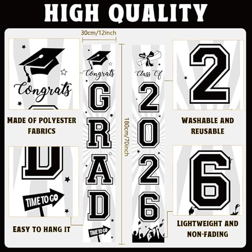 Image of Graduation Banner 2026 Graduation Decorations Black and White Grad Banner Porch Sign Class of 2026 Door Decor Congrats Hanging Backdrop Black White Grad Party Decor for School Congratulations Supplies
