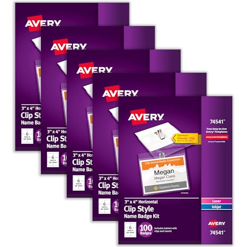 Image of Avery Customizable Name Badges, Clip Style, 3 inch x 4 inch, Clear Name Tag Holders, White Laser /Inkjet Printable Inserts, 100 per Pack, 500 Total (5 Packs of 74541)