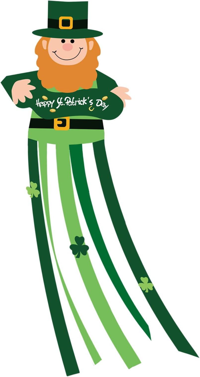 47 Inches St. Patrick's Day Leprechaun Windsock Decoration, Green Hanging Outdoor Windmill Decor with Shamrock Designs, Festive Irish-Themed Wind Sock Ornament for Garden, Patio, and Yard