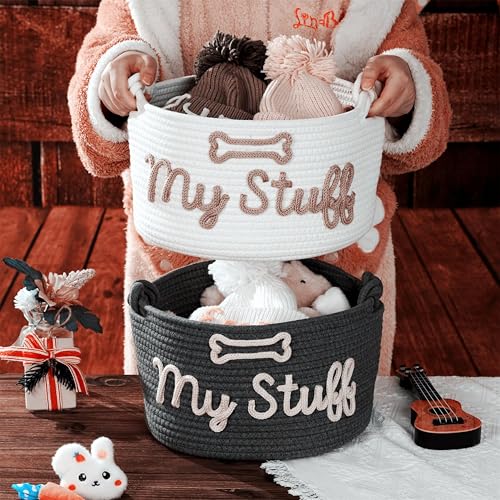 Pet Storage Basket with Rope Handles, Cotton Woven Dog Toy Bin, Cotton Rope Organizer, My Stuff Design with Bone, Grey Black Basket and Beige Yarn (Grey Black Basket) - Image 5